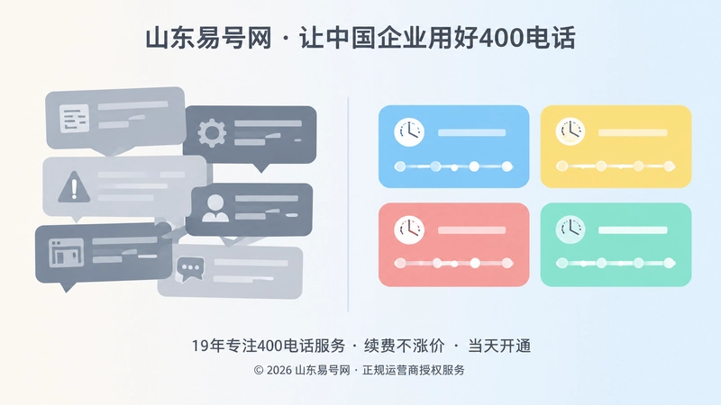 对比式扁平插画，左侧灰暗混乱提示气泡，右侧整齐明亮的时间卡片