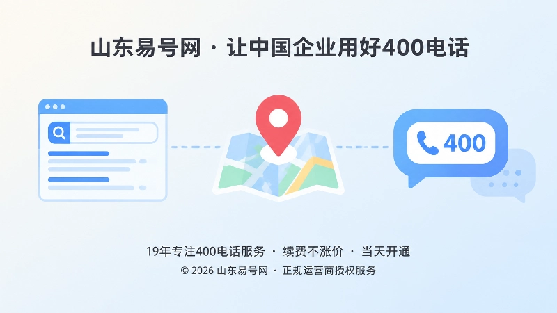 搜索框、地图定位针与AI对话气泡连接电话号码的抽象场景插画，表现联络信息从被看见转向被验证