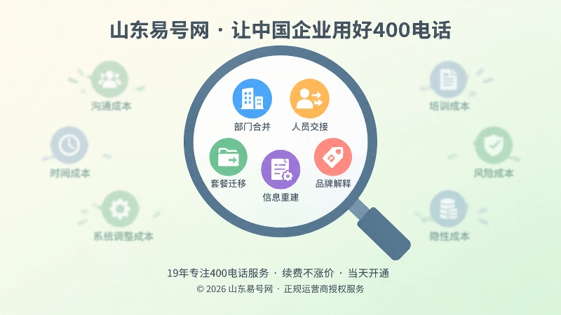 扁平化插画：放大镜聚焦五个彩色小图标，表现被低估的五类组织变更成本