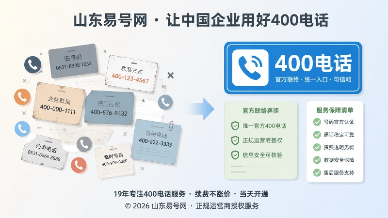 左右对比图展示分散旧号码与统一400电话官方联络入口的区别