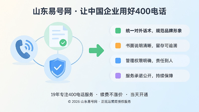 左图右文式扁平插画：左侧电话、文档与盾牌图标用箭头指向右侧四条彩色承诺清单文字线块
